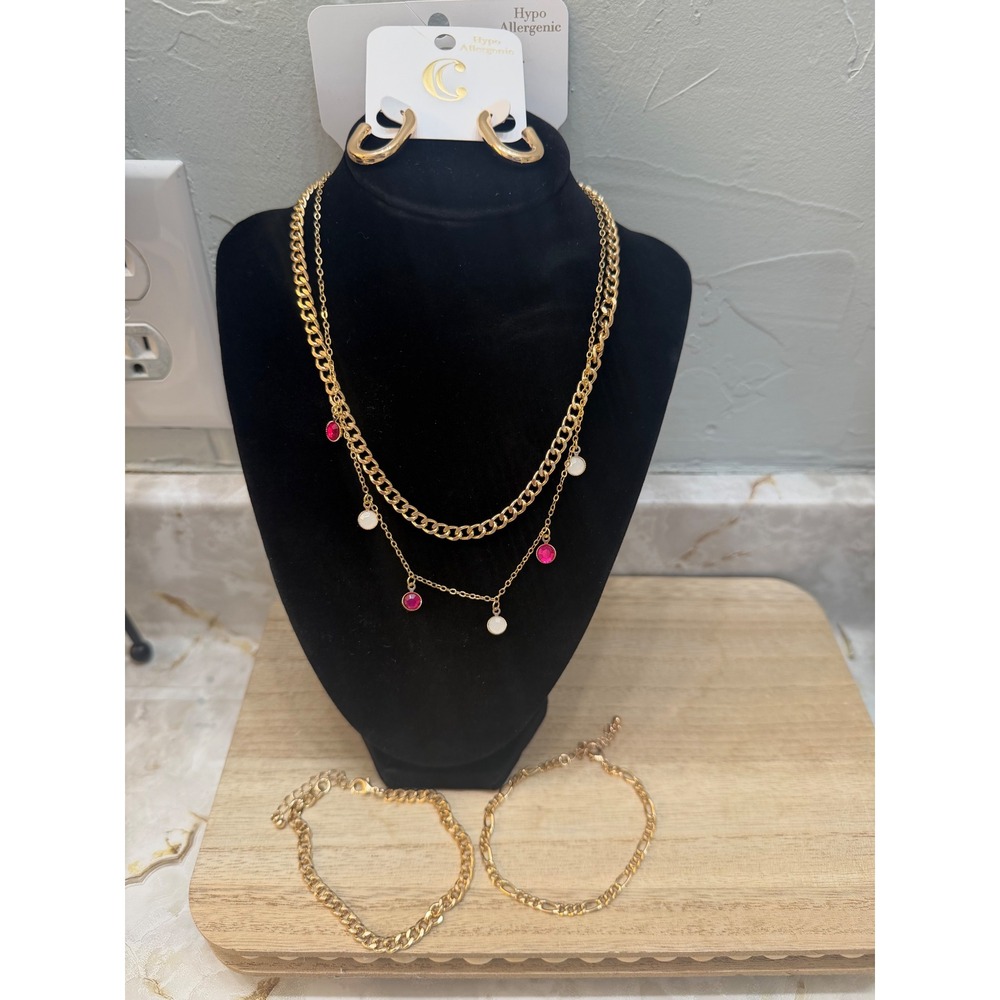 Charming Charlie'sGold Tone Layered Necklace Earrings Bracelets Set